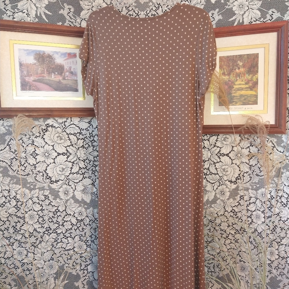 Chris Tan brown with tan beige polka dots dress sleeveless lightweight loose fit - Picture 4 of 9